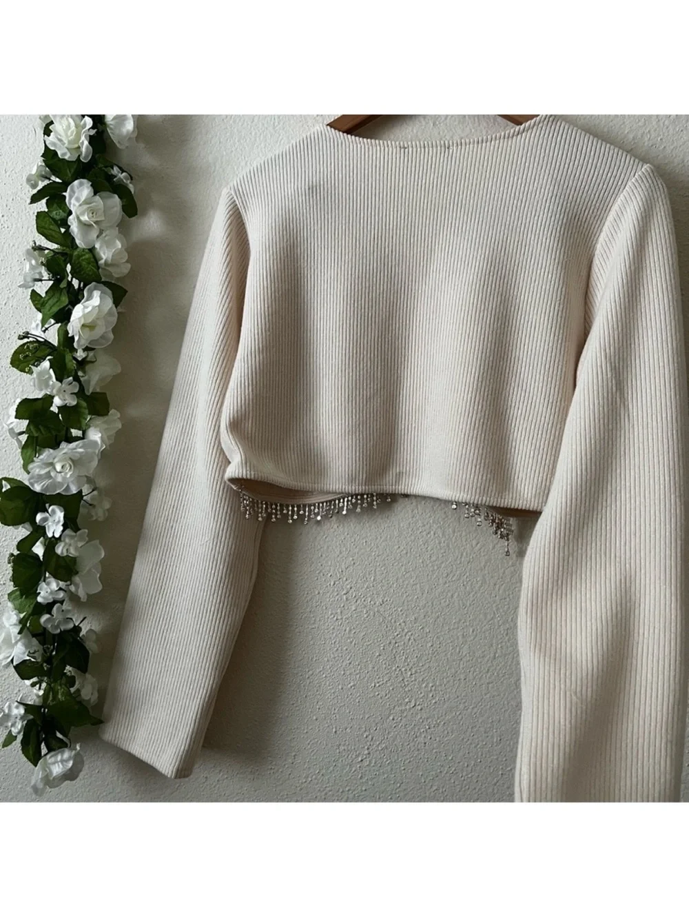 ZARA LIMITED EDITION Rhinestone Fringe Cream Top L